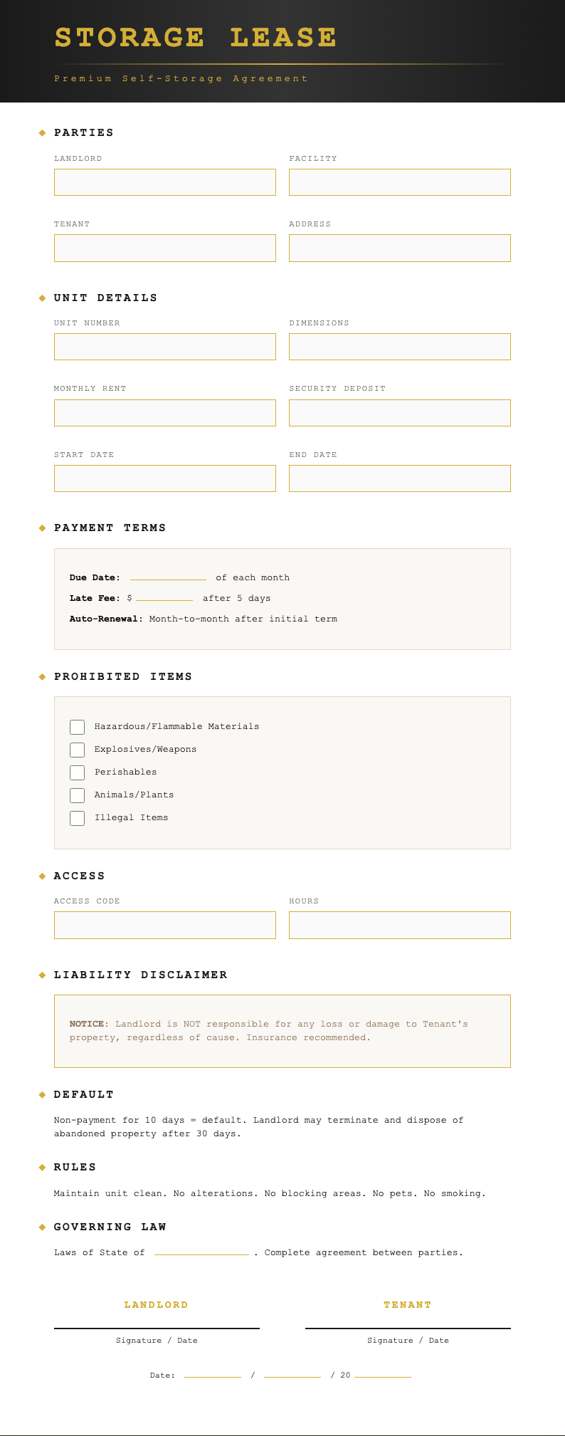 Midnight luxury storage unit lease agreement